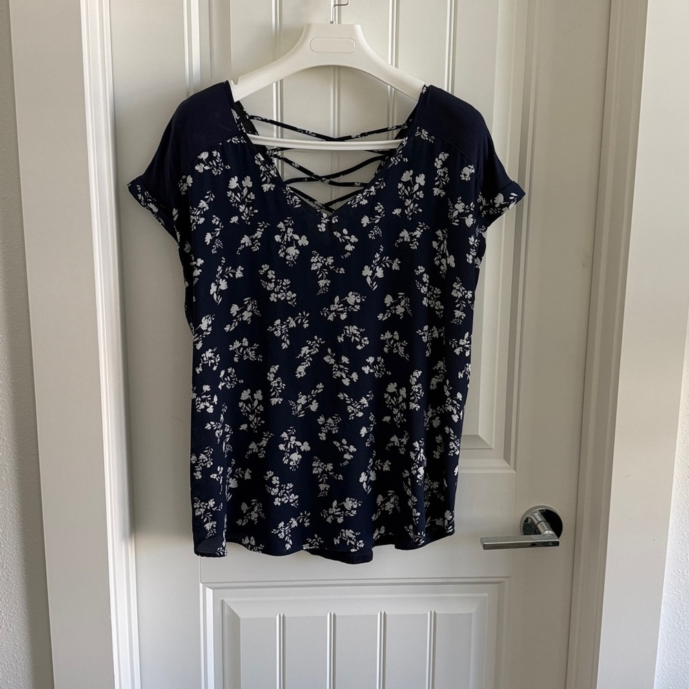 Floral Navy Blouse with Crisscross Back